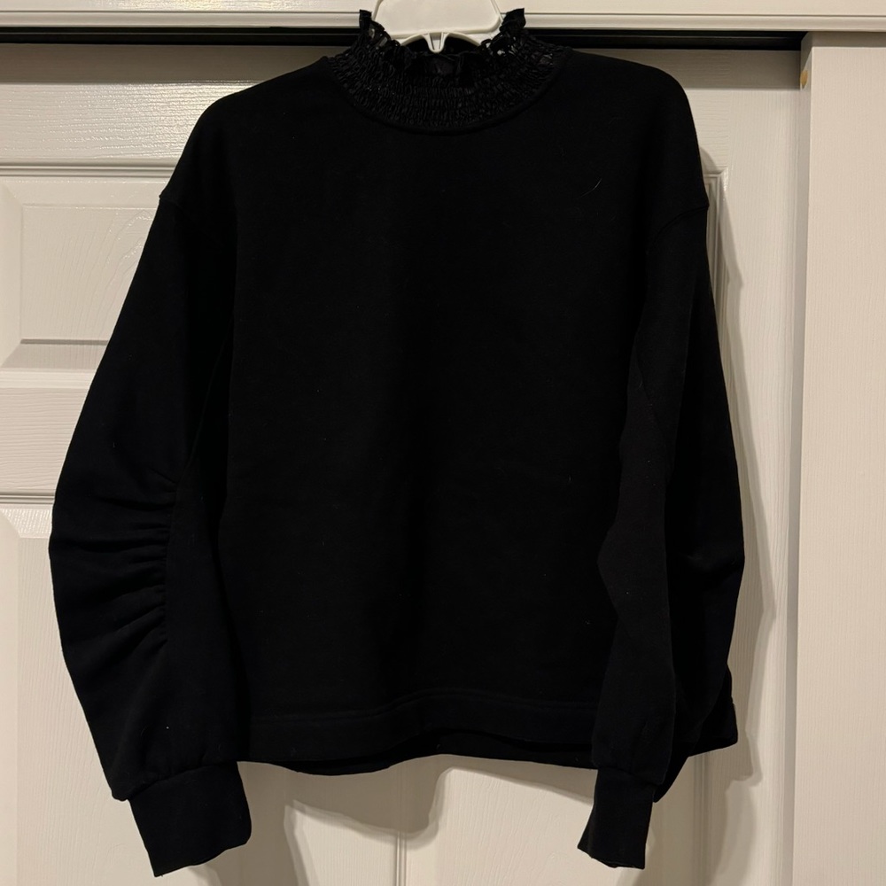 Zara Black sweatshirt with high lace neck and ruched sleeve detail. Size Medium